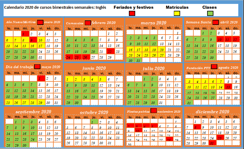 Calendario de clases de inglés semanales 2020