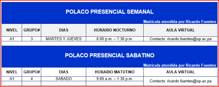 horarios curso de polaco presencial