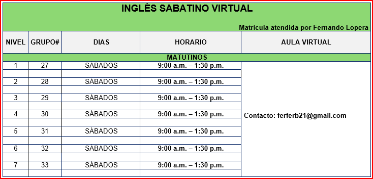 horarios de inglés virtual sabatino