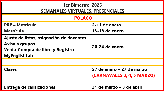 FECHAS CURSO DE POLACO SEMANAL